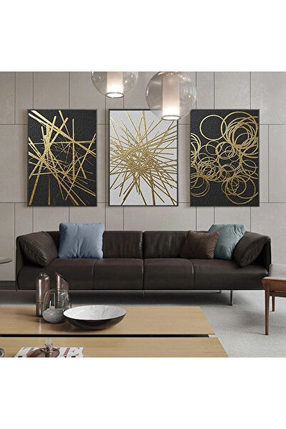 Linacci Set of 3 Black Thin Metal Frame Gold Line Glass Tables