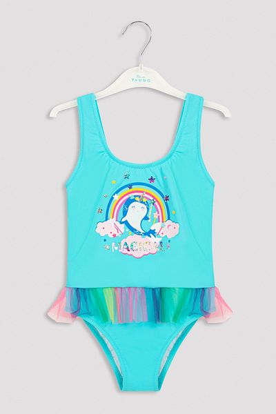 Penti Costum de baie pentru fetiță, albastru, cu unicorn magic și cu detaliu din tul