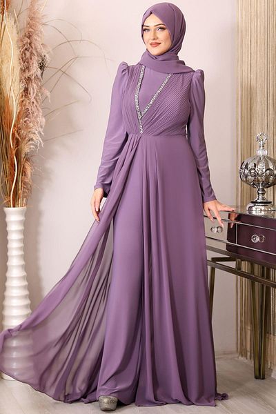 PİENNAR Lilac Hijab Jumpsuit - Pearl with Pleated and Stone Detail