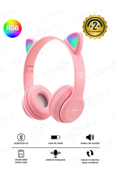 Teknoloji Gelsin Kedi Kulaklık Kız Erkek Çocuk Kulaklığı Kulaküstü Işıklı Mik...
