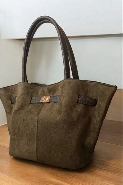 Glemix Lucia Khaki Suede Nubuck Faux Leather - Women's Hand and Shoulder Bag with Magnetic Cross Strap