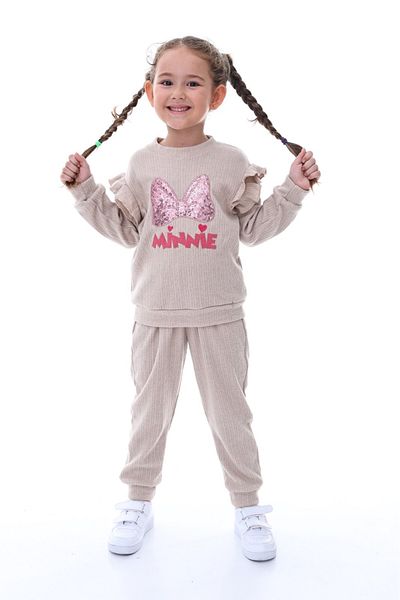minitrends Minnie Embroidered Girl's Tracksuit Set - Shoulder Ruffle, Cotton