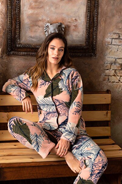 CALİA Women's Front Buttoned Long Sleeve Fleece Plush Winter Warm Pajamas Set