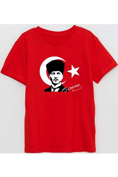 Efendioğlu Design 23 April National Sovereignty and Children's Day and Ataturk Printed Cotton Red Children's T-Shirt