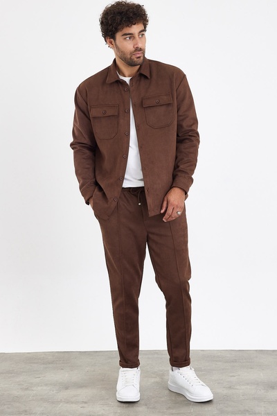 MADZEYMODA New Season Men's Trousers and Shirts 2-Piece Brown Suede Set Mz0802
