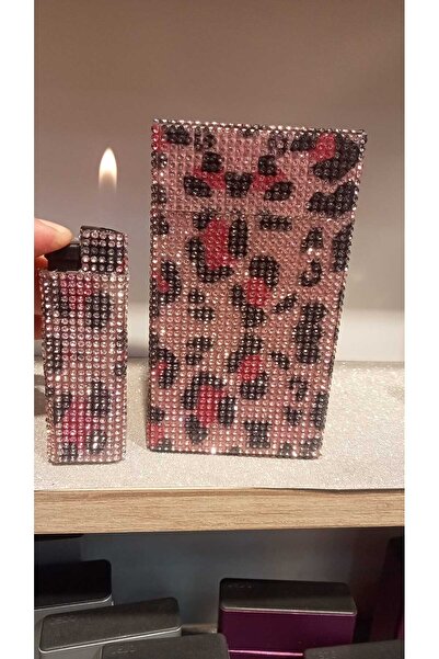 NESGIFT Pembe Leopar Krsital Taşlı Uzun Slim Sigara Kutusu Ve Cakmak