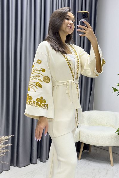 Elbise Delisi Ethnic Patterned Embroidered Women's Kimona - Double Knitwear Set Black, Brown, White