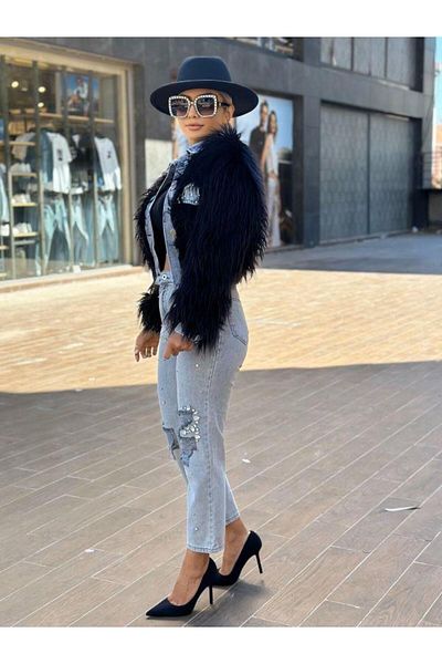 Robin 99444 Black Jewelled Plush-Jean Coat