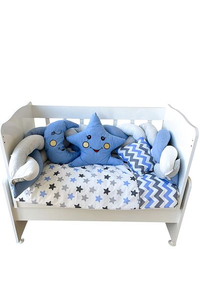 Aktehome Braided Baby Crib Edge Protection with Crescent and Star 6 Pieces Blue - White 50X100 Crib Set