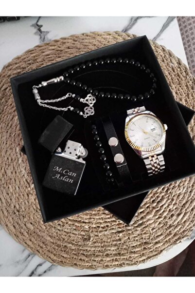 Brality Özel Kutulu Hediyelik Çakmaklı Erkek Kombin Saat Seti ( 5 Parça'lı Ak...