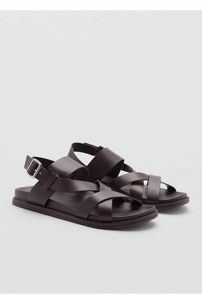 MANGO Man 100% Leather Cross Strap Sandals