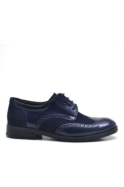 Rakerplus Titan Navy Blue Patent Leather Laced Suede Detailed Classic Boys' Shoes