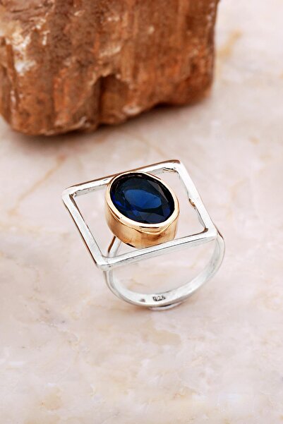 Sümer Telkari Safir Taşlı Tasarım Kare Gümüş Yüzük 5863