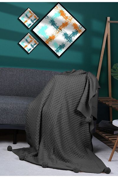YGT Home Anthracite Colored 10 Tassel Basket Knitwear Tv Blanket - 130X170 Leg Shawl and Sofa Shawl