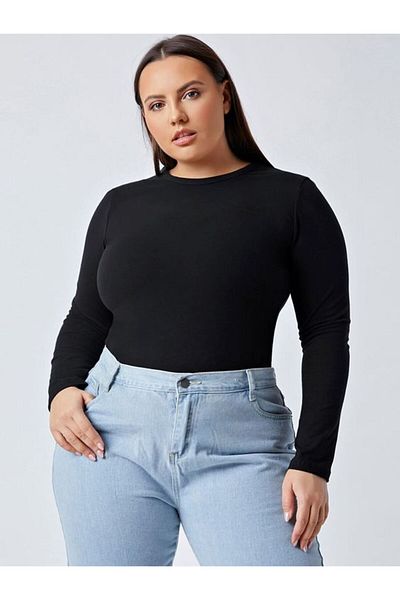 LADY HAZAL Black Body Slimfit Soft Touch Interlock Combed Cotton Round Neck Large Size Blouse