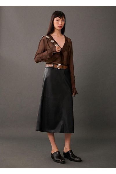 MANGO Woman Leather Look Midi Skirt