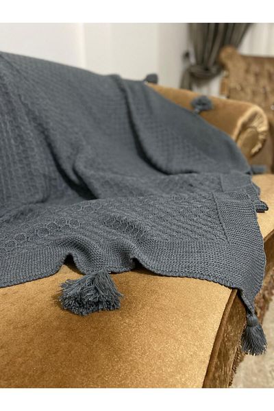 YGT Home Anthracite Colored 10 Tassel Basket Knitwear Tv Blanket - 130X170 Leg Shawl and Sofa Shawl
