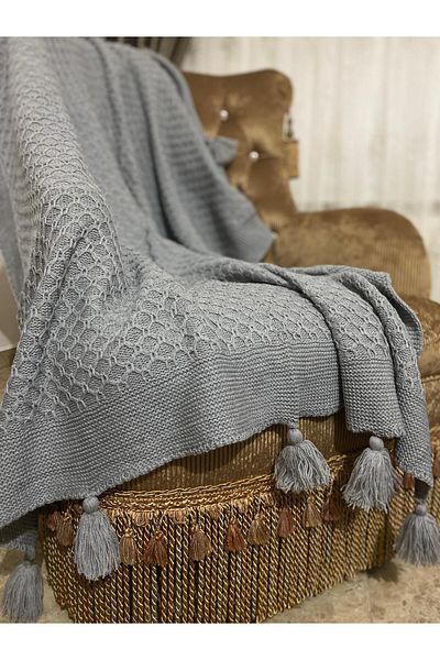 YGT Home Gray 10 Tassel Knitwear with Basket Blanket - 130X170 Leg Shawl and Decor