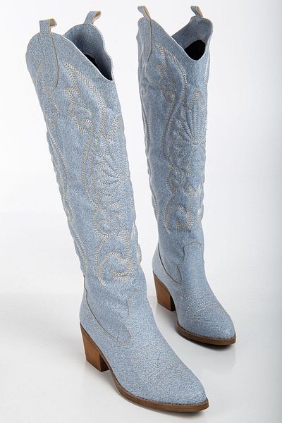 Ms Sugar Γυναικείες μακριές μπότες Western Cowboy Denim Faux Suede με κέντημα