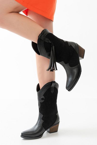 Ms Sugar Women's Western Cowboy Boots - Black Leather, Suede Embroidery and Tassel Pattern