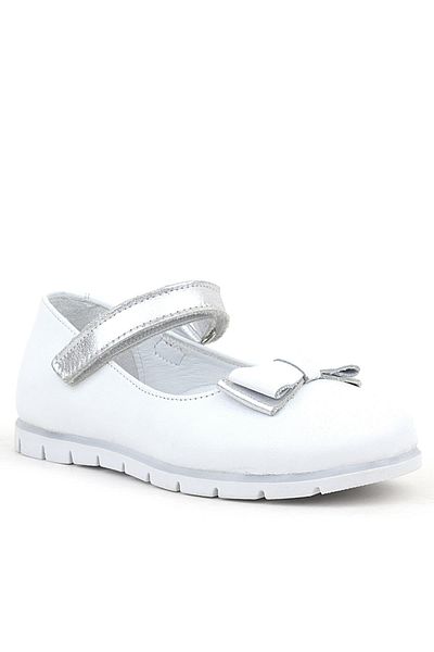 Rakerplus Balerini pentru fete din piele naturală cu fundă albă argintie cu velcro