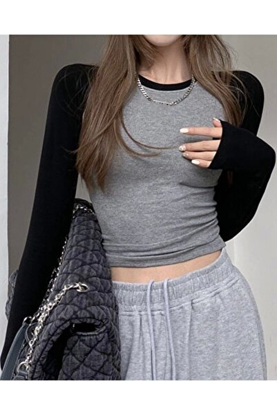 DarkellaStore Tricou crop gri cu mâneci raglan negre Y2K Harajuku