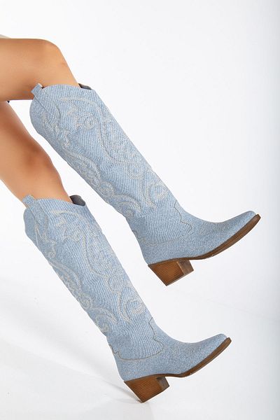 Ms Sugar Γυναικείες μακριές μπότες Western Cowboy Denim Faux Suede με κέντημα