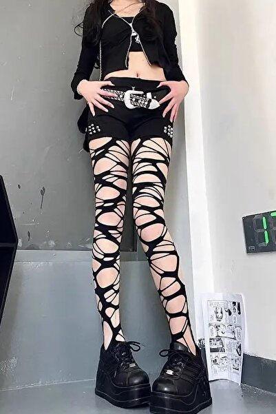 Giraffe Dantel Fileli Siyah Yırtık Külotlu Çorap Gothic Y2k Steampunk Lolita ...