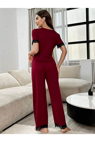 BLACK Set pijama de dama din viscoana de culoare burgundy cu detaliu din dantela si panglica neagra