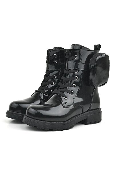 Rakerplus Black Patent Leather Zippered Lace-up Wallet Girl's Boots