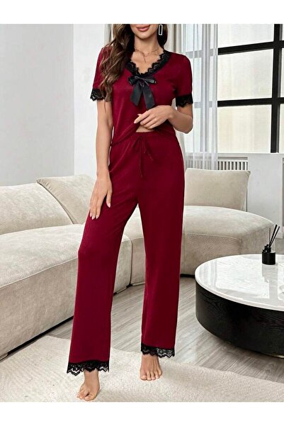 BLACK Dámský viskózový pyžamový oblek vínové barvy s černou krajkou a stuhou