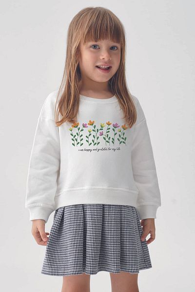 MYADA Happy New Flowers Printed Sweatshirt Plaid Check Skirt Set 22673