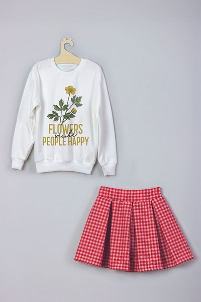 MYADA Plaid Patterned Checkered Skirt and Sweatshirt Set - Flowers Make People Happy 22816
