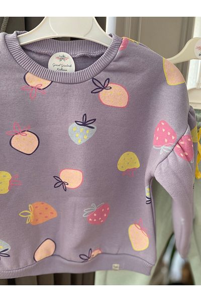 Baby Girl's Fruit Printed Cotton Sweatshirt and Elastic Waist Tracksuit Set - 3 Thread