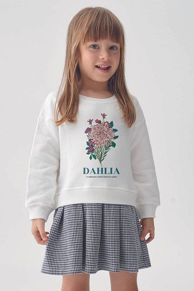 MYADA Flower Bouquet Style Sweatshirt Plaid Check Skirt Set