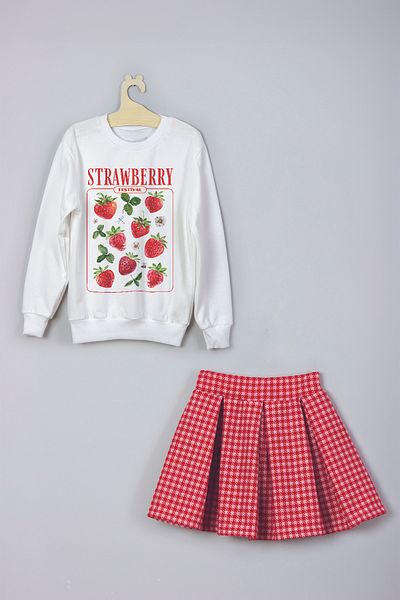 MYADA Strawberry Festival Patterned Sweatshirt and Plaid Check Skirt Set - 22672