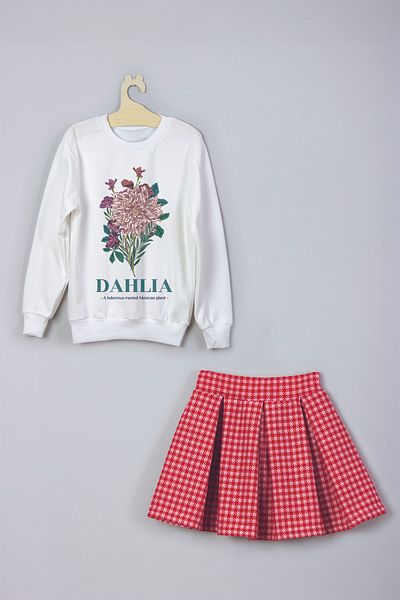 MYADA Dahlia Floral Patterned Sweatshirt and Plaid Check Skirt - Set 22805