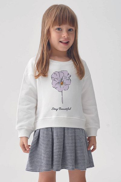 MYADA Plaid Patterned Stay Beautiful Flowers Sweatshirt and Checkered Skirt Set - 22700