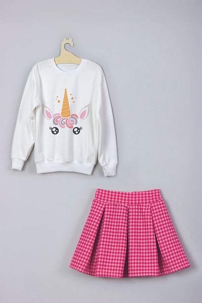 MYADA Unicorn Printed Plaid Sweatshirt and Check Skirt Set - 22204