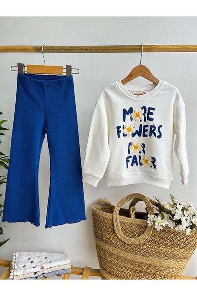 Baby Babyaden 3 Thread Cotton Floral Patterned Sweatshirt and Leggings - Girl's Flared Leg Set