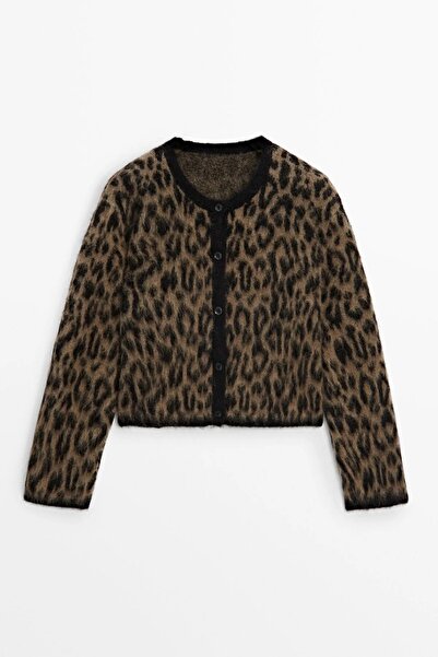 NATUFIAN STORE Kadın Kahve Leopar Triko Yumoş Hırka