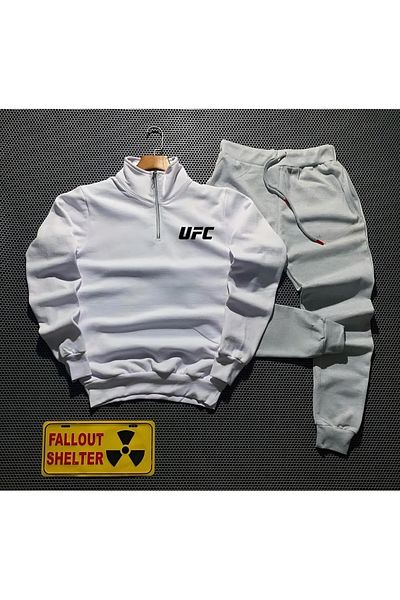 NEW TRENDY COLLECTİON New Season Cotton Half Zipper Ufc Printed Sweat- Cotton Sweatpants Set 2-Piece Bottom Top
