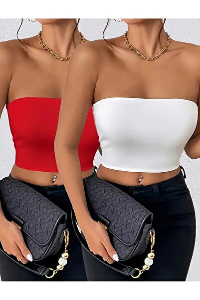 Olyssia Women's 2-Pack - Red White Strapless Crop Bustier