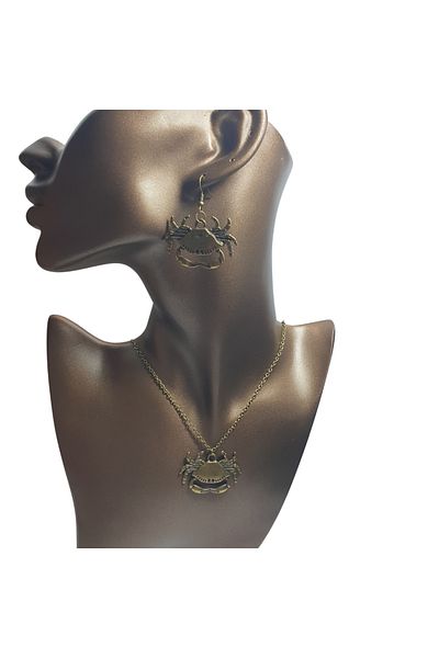 Ororabutik Orora Crab Figured Bronze- Antique Yellow Color Necklace and Earring Set