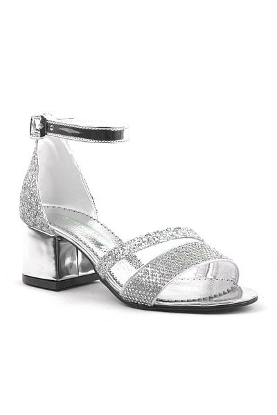 Sarıkaya Pantofi de seară pentru fete cu bretele cu toc gros Anna Silver Glitter