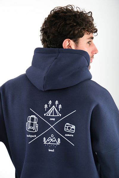 Coredra Мъжки суичър с качулка Camp Life Oversize Fit - тъмносин