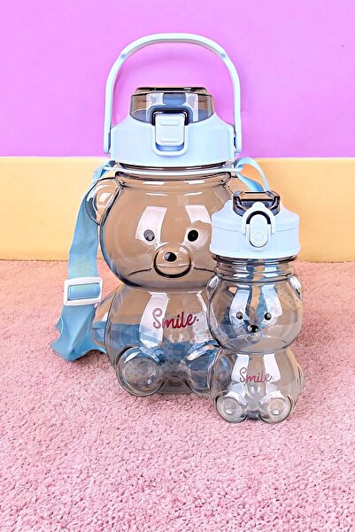 Madamev 2li Şeffaf Smile Ayıcık Su Matarası 1000+400ml Çocuk Su Şişesi Pipetl...