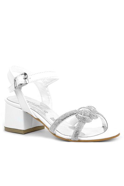 hapshoe White Knitted Stoned Girl's Evening Dress Thick Heeled Shoes