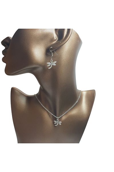 Ororabutik Orora Silver Color Necklace and Earrings Set with Dragonfly Figure