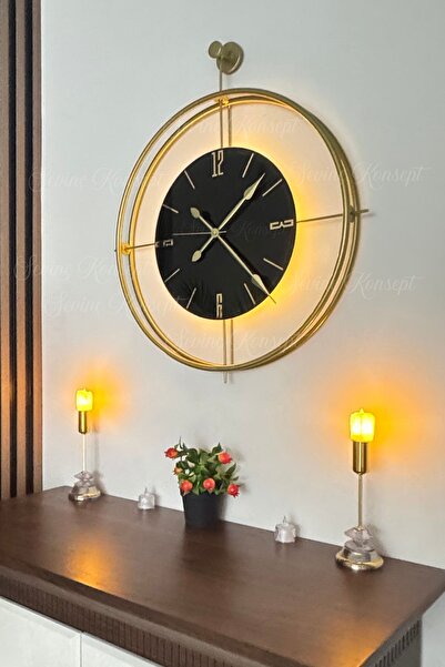 SEVİNÇ KONSEPT Led Gold La Clock Nero Siyah Cam Büyük Boy (50 X 60 CM) Gold M...
